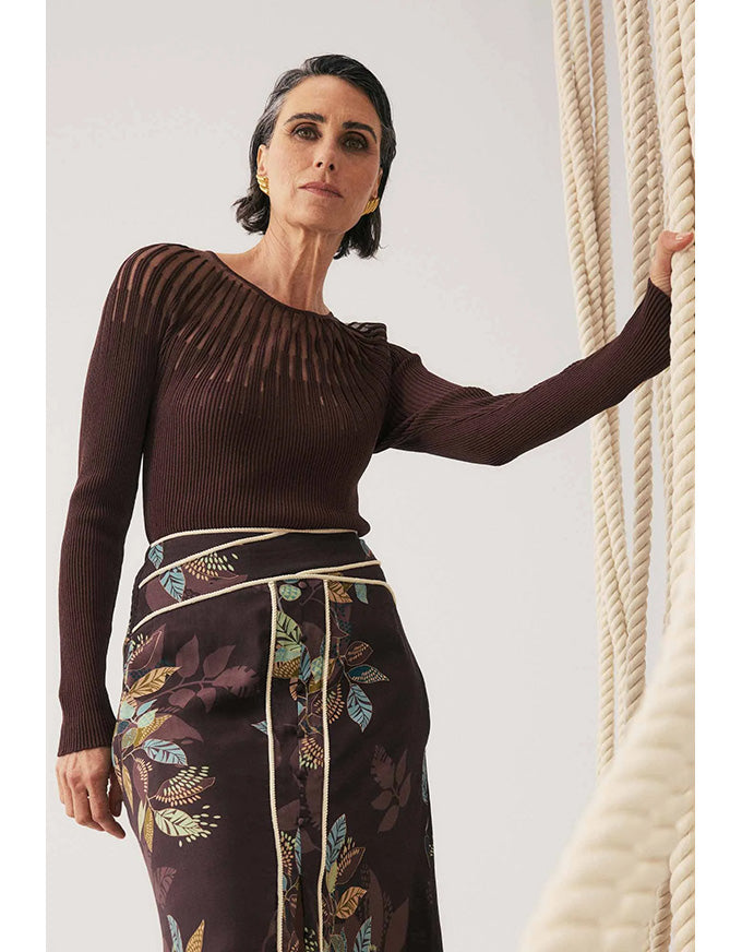 Rhiannon Viscose Sheer Neckline Knit Top Mocha