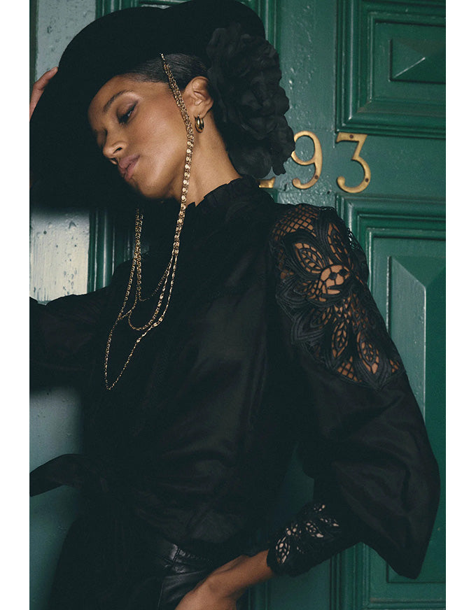 Sevilla Cotton Silk Lace Detail Shirt Black
