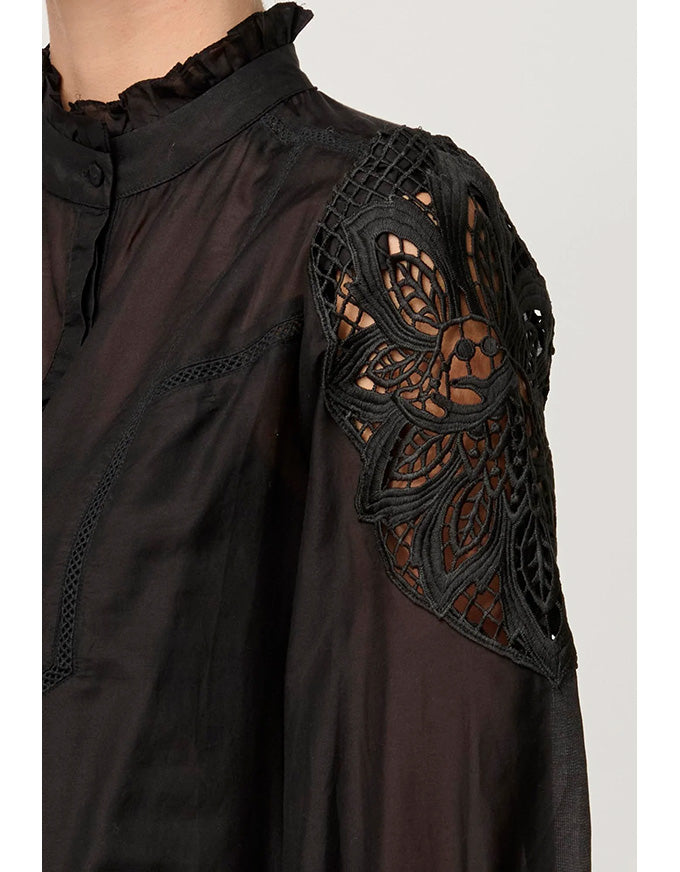 Sevilla Cotton Silk Lace Detail Shirt Black