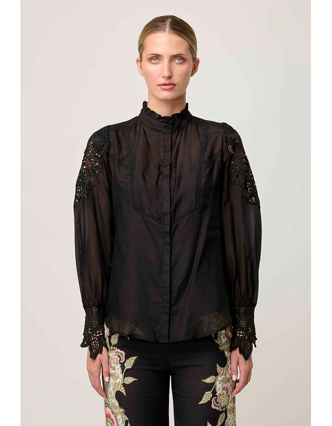 Sevilla Cotton Silk Lace Detail Shirt Black