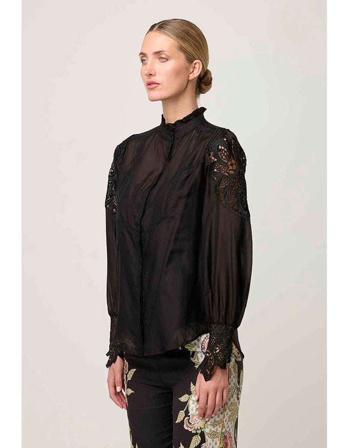 Sevilla Cotton Silk Lace Detail Shirt Black