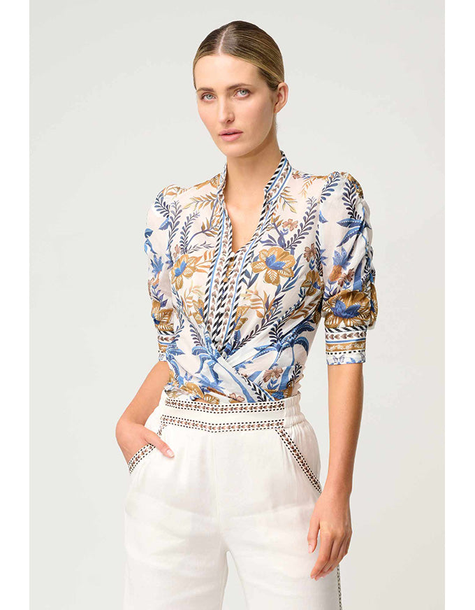 Calantha Cotton Silk Ruched Slv Shirt Golden Medina