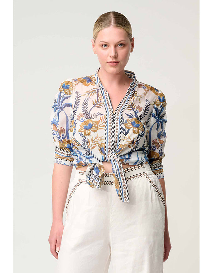 Calantha Cotton Silk Ruched Slv Shirt Golden Medina