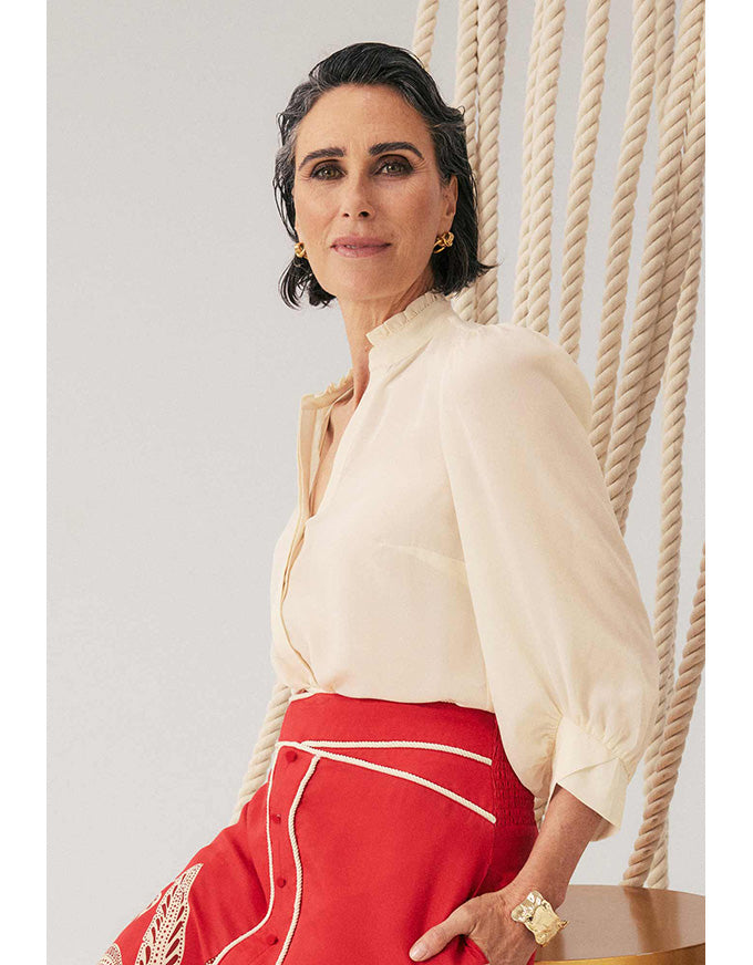 Chloe Silk Criss Cross Cuffed Shirt Cloud