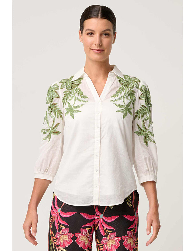 Callisto Cotton Slub Embroidered Shirt Ivory