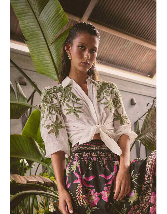 Callisto Cotton Slub Embroidered Shirt Ivory
