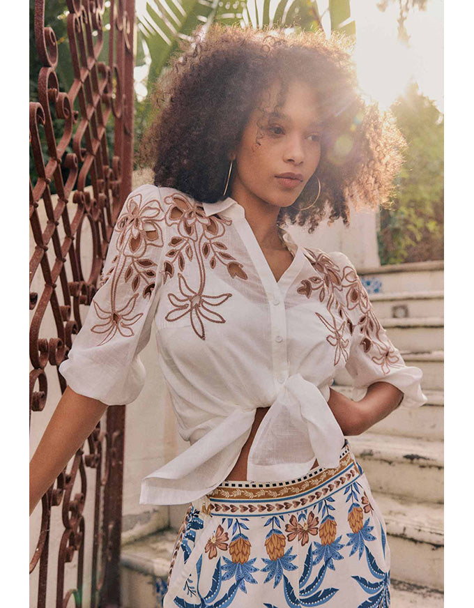 Callisto Cotton Embroidered Shirt Ivory-Dune