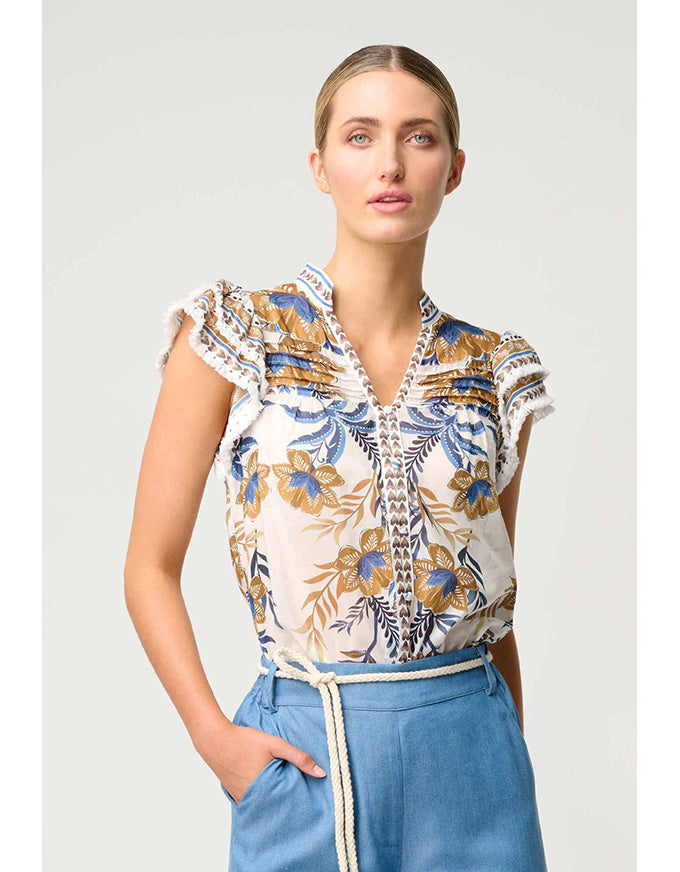 Luma Silk Cotton Flutter Sleeve Top Golden Medina