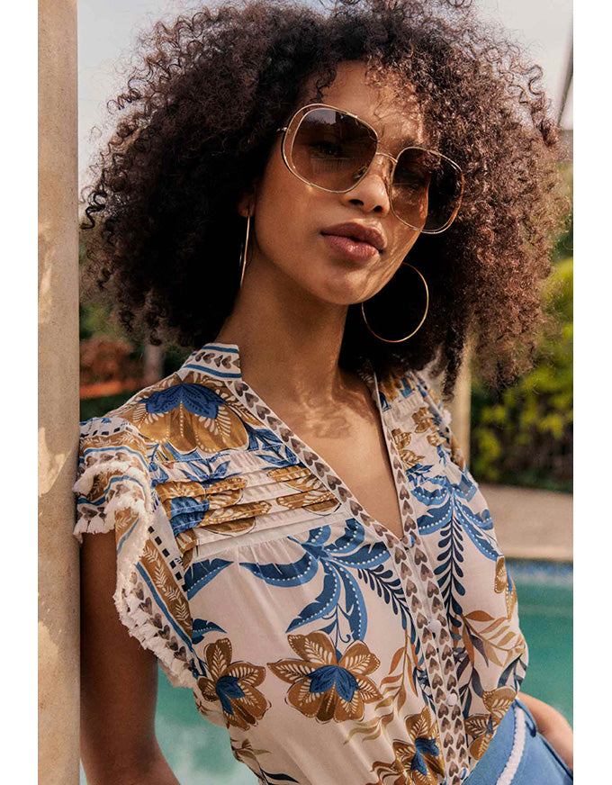 Luma Silk Cotton Flutter Sleeve Top Golden Medina