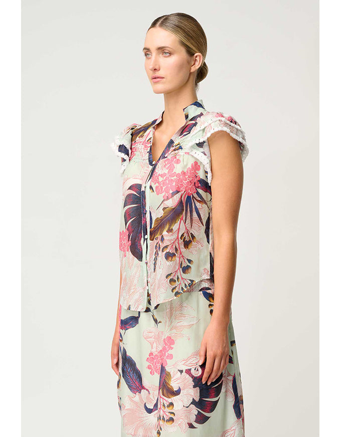Luma Silk Cotton Flutter Top Oasis Flora