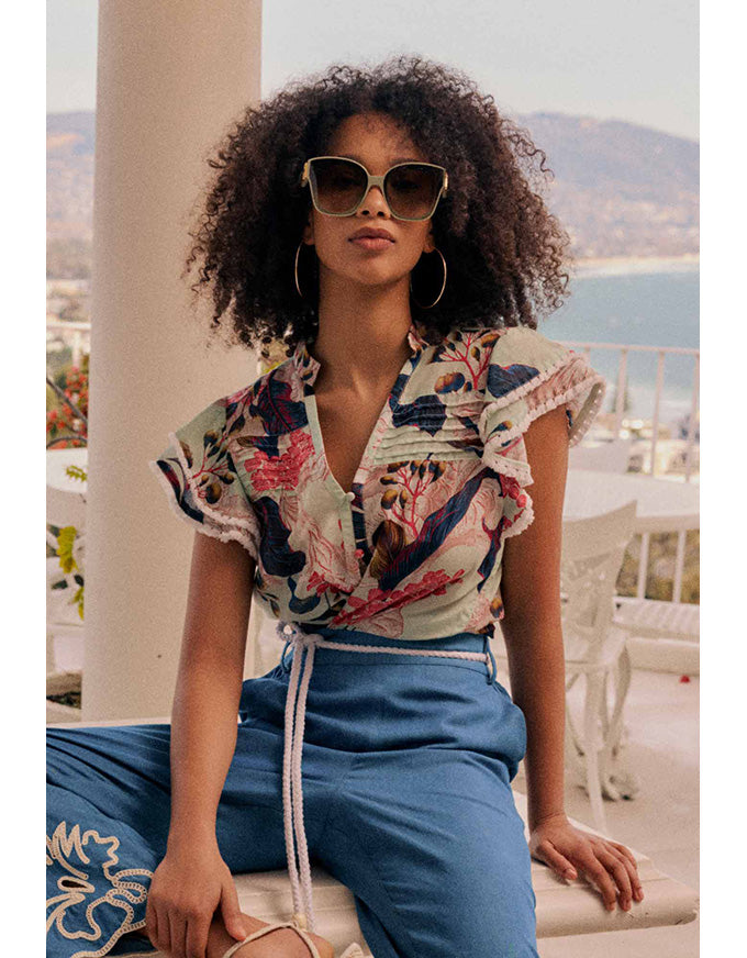 Luma Silk Cotton Flutter Top Oasis Flora
