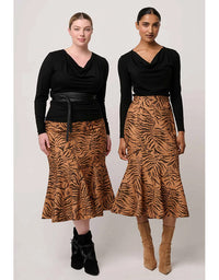 Two women wearing black tops and brown tiger-patterned skirts on a white background