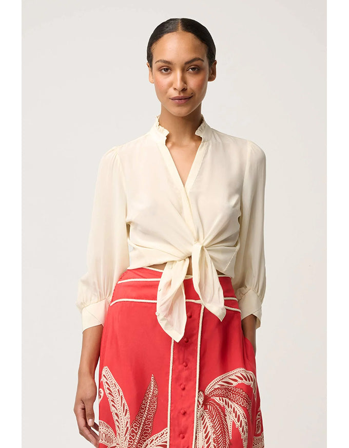 Chloe Silk Criss Cross Cuffed Shirt Cloud
