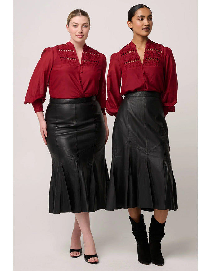 Two women wearing red blouse and black leather skirt on a plain background