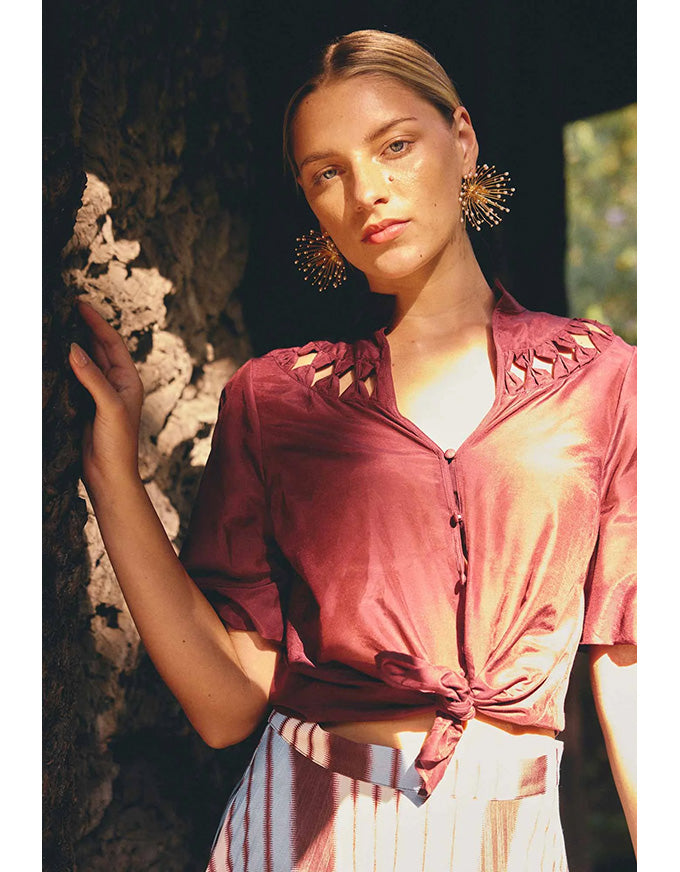 Coralie Cotton Silk Smock Blouse Garnet