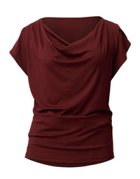 A women's short-sleeve top with a draped cowl neckline, shown in a solid deep burgundy color against a plain white background.