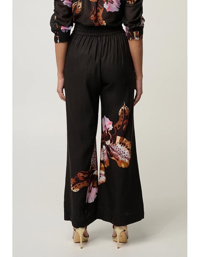 A model shown from the back wearing wide-leg black trousers with a large brown, orange, and pink floral print, paired with a matching floral long-sleeve top and beige high heels, against a light gray studio background.