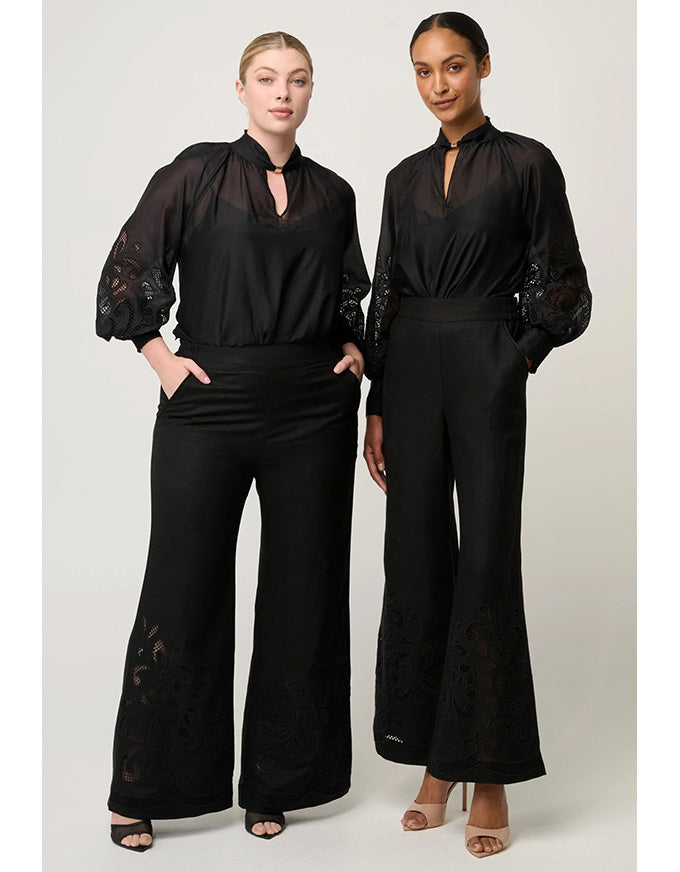 Rhea Linen Viscose Embroidered Pant Black
