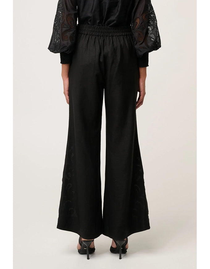 Rhea Linen Viscose Embroidered Pant Black
