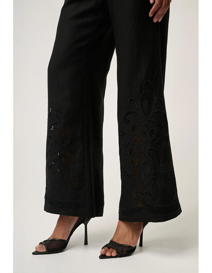 Rhea Linen Viscose Embroidered Pant Black
