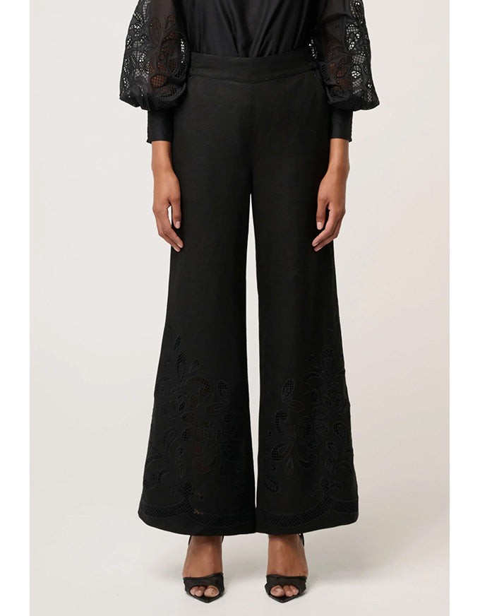 Rhea Linen Viscose Embroidered Pant Black