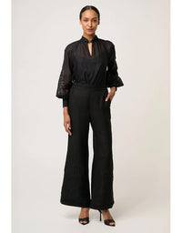 Rhea Linen Viscose Embroidered Pant Black