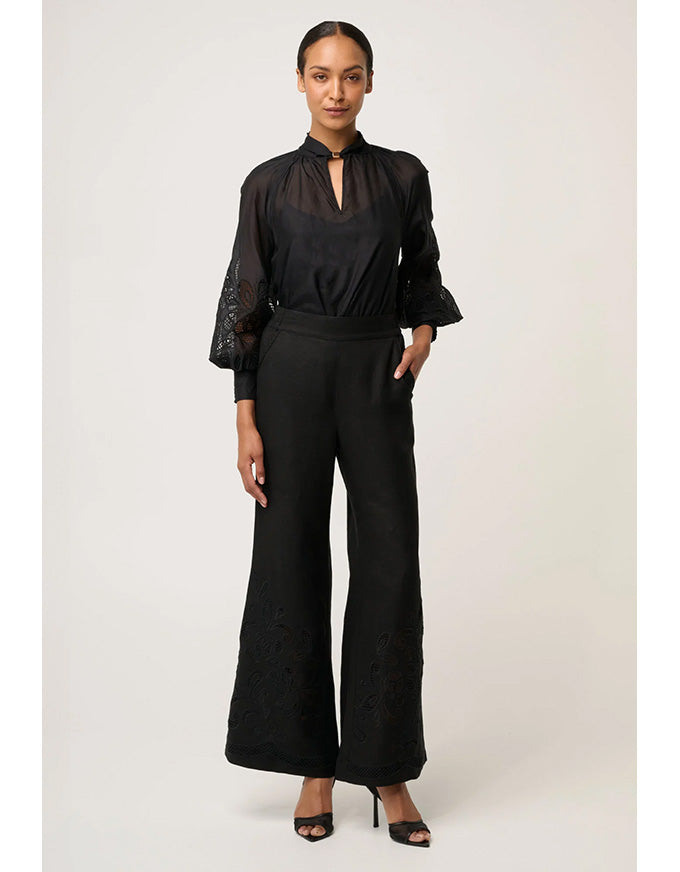 Rhea Linen Viscose Embroidered Pant Black