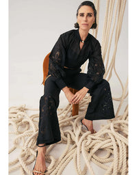 Rhea Linen Viscose Embroidered Pant Black