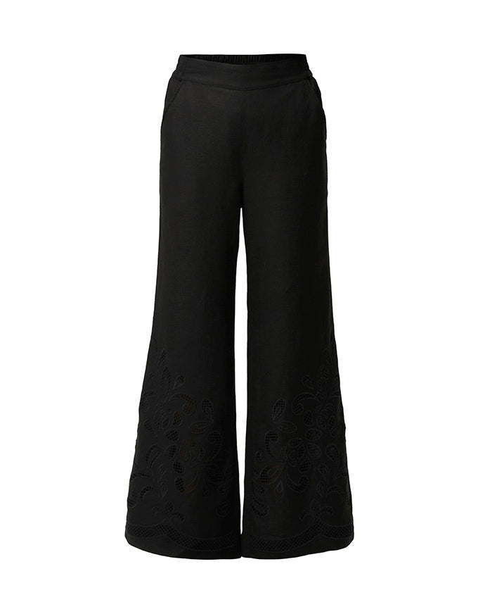 Rhea Linen Viscose Embroidered Pant Black