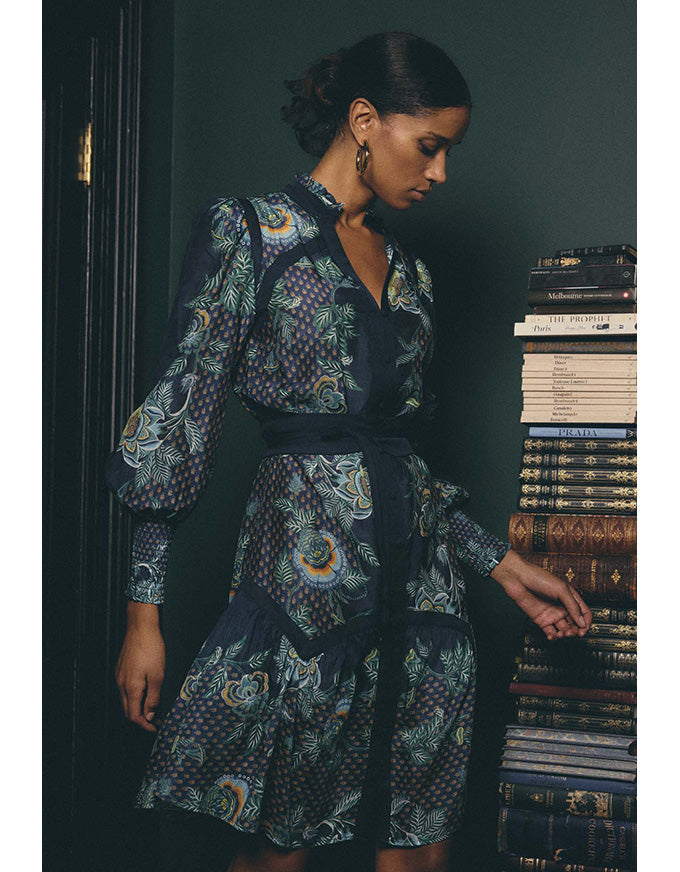 Renata Silk Shirred Cuff Dress Mariposa Zafiro