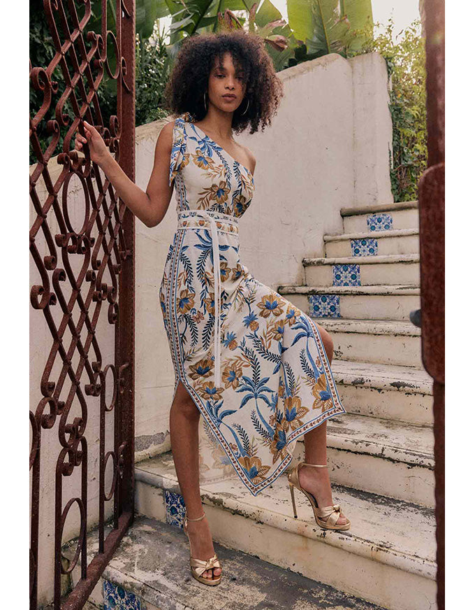 Amira One Shoulder Linen Viscose Dress Golden Medina