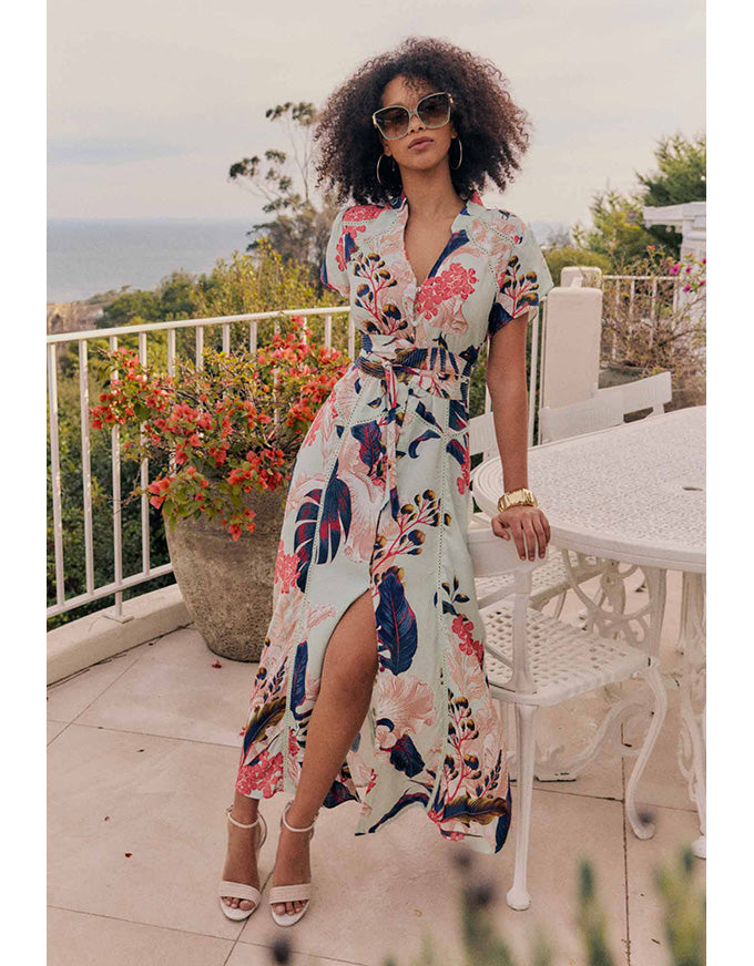 Maysa Contrast Trim Yoke Faille Dress Oasis Flora