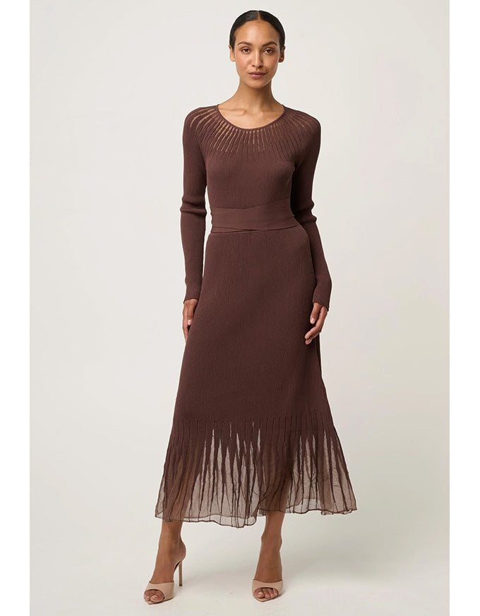 Rhiannon Sheer Neckline Detail Knit Dress Mocha