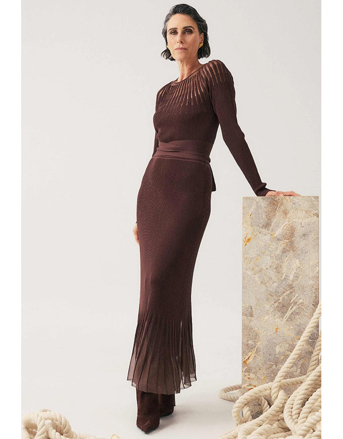 Rhiannon Sheer Neckline Detail Knit Dress Mocha