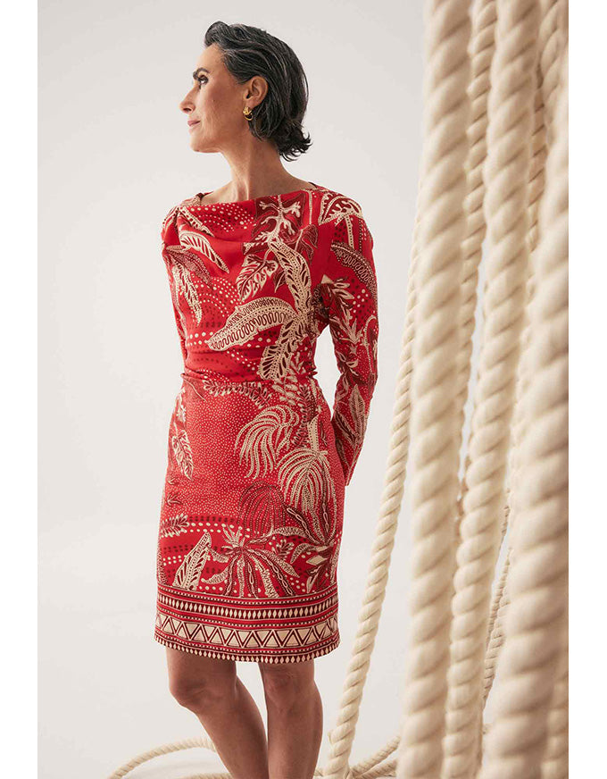 Helsa Draped Neck L/Sleeve Dress Crimson Palms