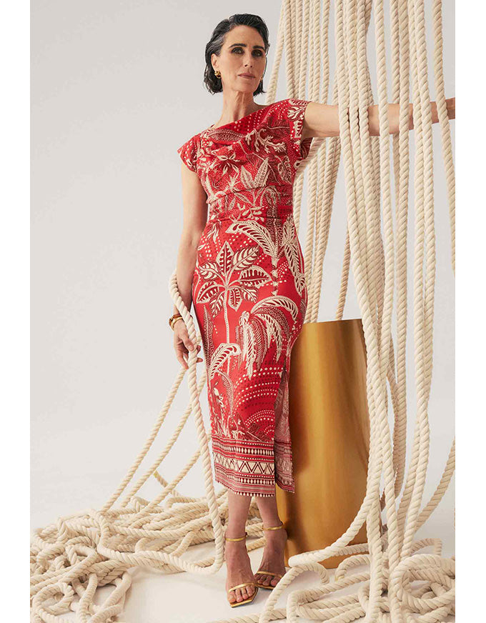 Monique Draped Neck Column Dress Crimson Palms