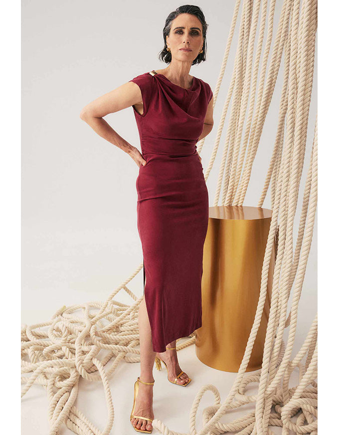 Monique Draped Neck Column Dress Ruby Bombo Clothing Co. Monique Draped Neck Column Dress Ruby Bombo Clothing Co.