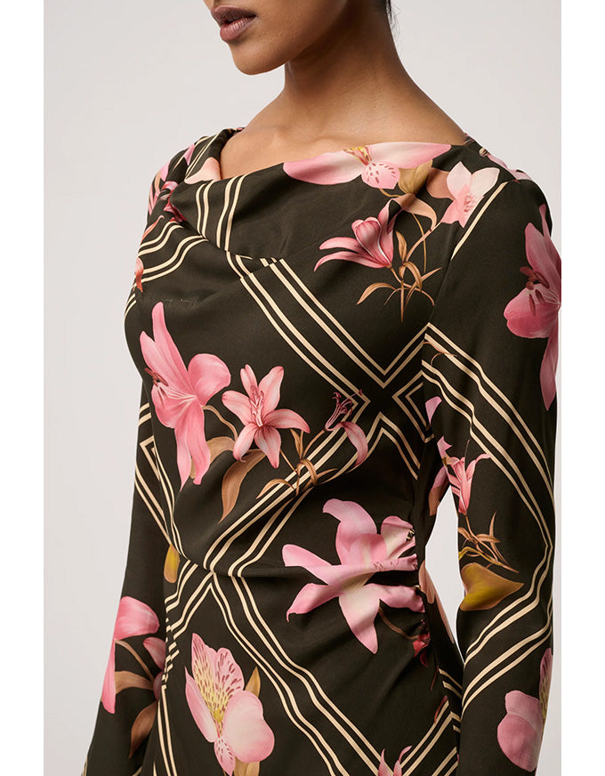 Floral patterned dress with pink flowers on a plain background