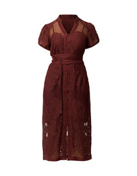 A dark burgundy lace midi dress with short sleeves, a V-neckline, button-up front, and a matching self-tie belt, shown against a plain white background.