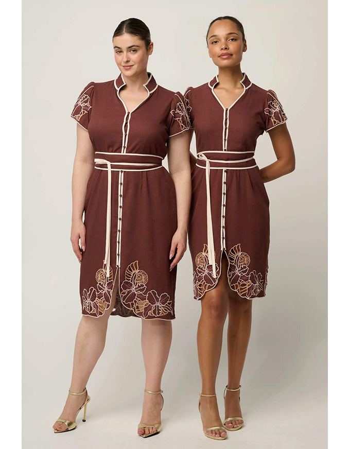 Ivy Linen Embroidery Detail Dress Rosewood