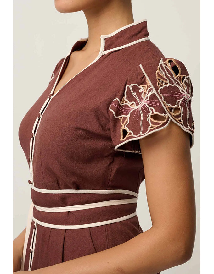 Ivy Linen Embroidery Detail Dress Rosewood