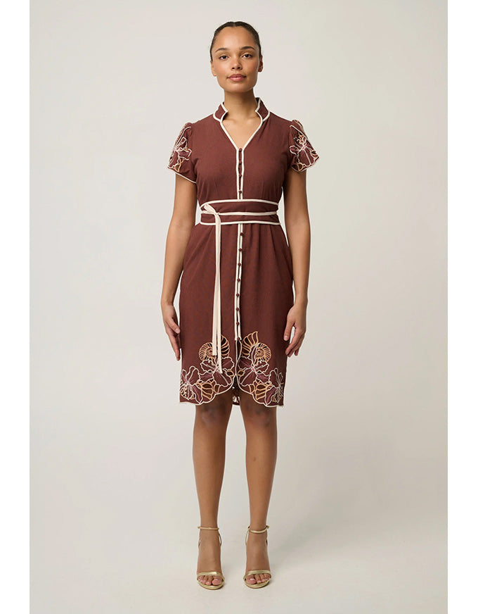 Ivy Linen Embroidery Detail Dress Rosewood