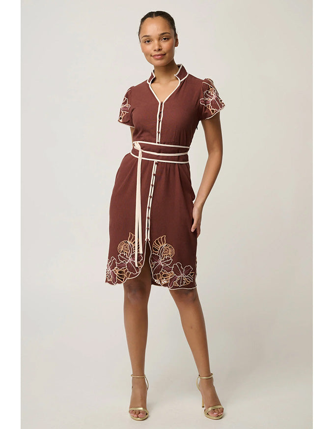 Ivy Linen Embroidery Detail Dress Rosewood