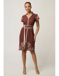 Ivy Linen Embroidery Detail Dress Rosewood