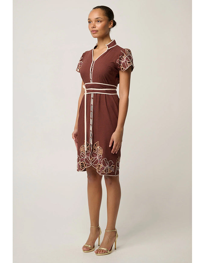 Ivy Linen Embroidery Detail Dress Rosewood