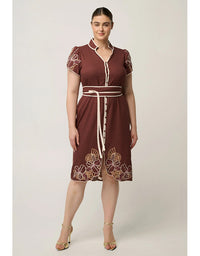 Ivy Linen Embroidery Detail Dress Rosewood