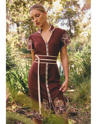 Ivy Linen Embroidery Detail Dress Rosewood