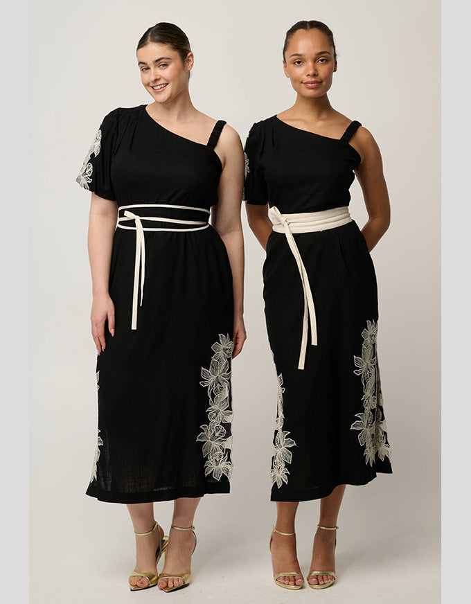 Elodie One Shoulder Embroidery Dress Black