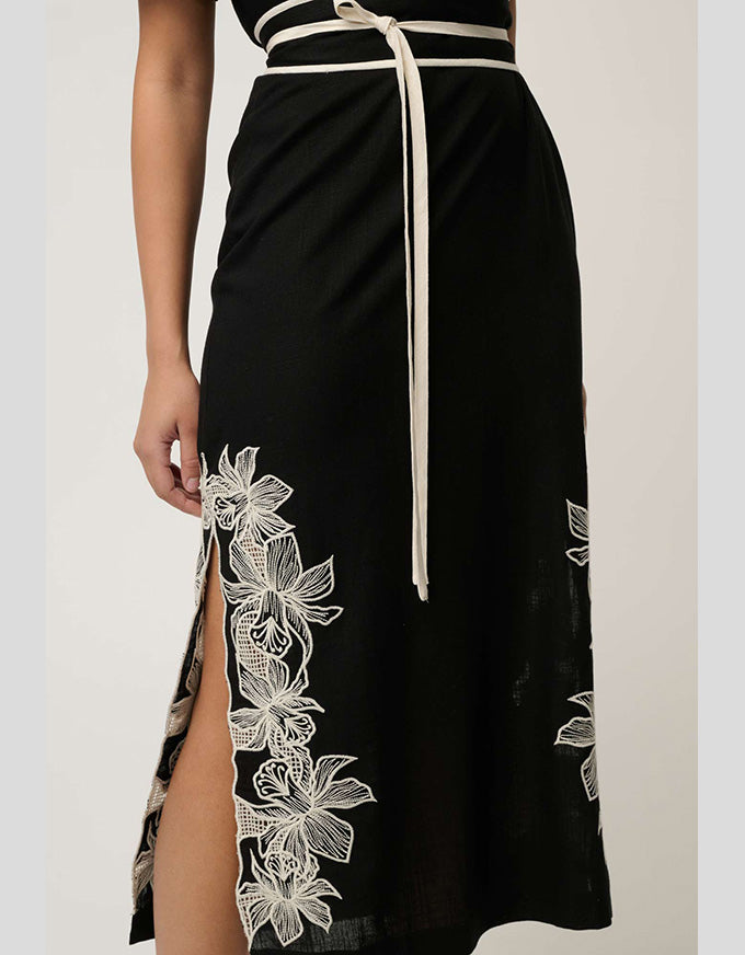 Elodie One Shoulder Embroidery Dress Black