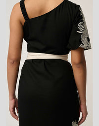 Elodie One Shoulder Embroidery Dress Black